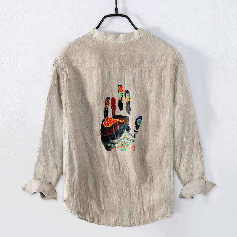Camisa de manga larga de lino y algodón para hombre con estampado arquitectónico de huellas de manos de Buddha Stones. - Lino - US/UK/AU50, UE60 (5XL) - image 0