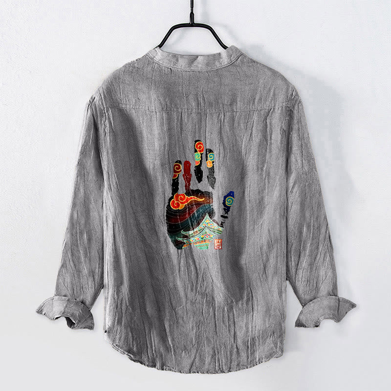 Camisa de manga larga de lino y algodón para hombre con estampado arquitectónico de huellas de manos de Buddha Stones. - Gris - US/UK/AU50, UE60 (5XL) - image 3