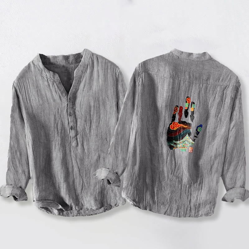 Camisa de manga larga de lino y algodón para hombre con estampado arquitectónico de huellas de manos de Buddha Stones. - image 5