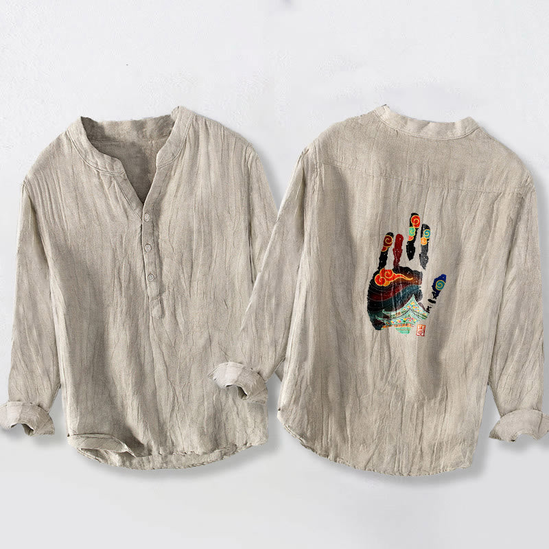 Camisa de manga larga de lino y algodón para hombre con estampado arquitectónico de huellas de manos de Buddha Stones. - image 2