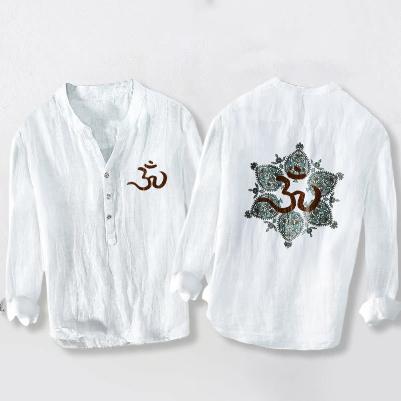 Camisa de manga larga de algodón y lino para hombre con diseño de mandala simétrico y símbolo Om de Buddha Stones, con botones y medio cuerpo. - Blanco - US/UK/AU50, UE60 (5XL) - image 6