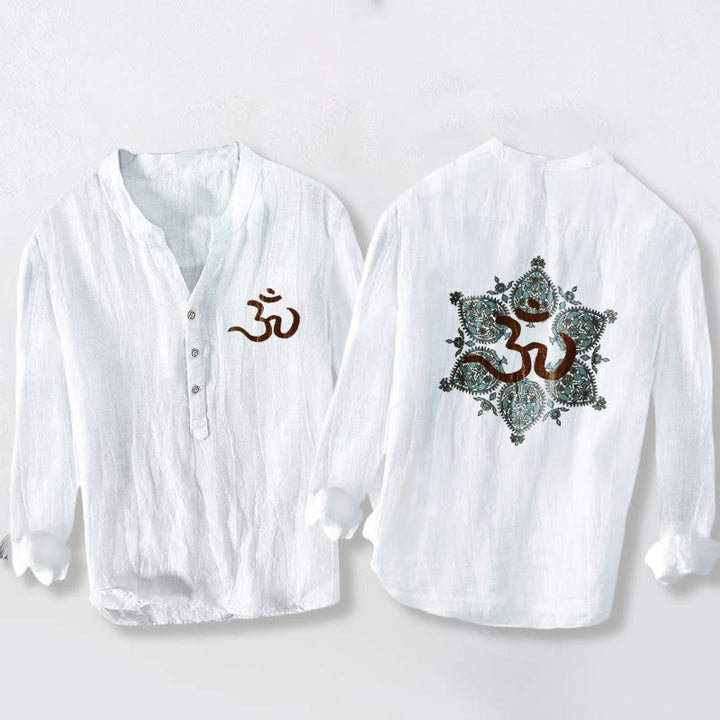 Camisa de manga larga de algodón y lino para hombre con diseño de mandala simétrico y símbolo Om de Buddha Stones, con botones y medio cuerpo. - Blanco - US/UK/AU50, UE60 (5XL) - image 6