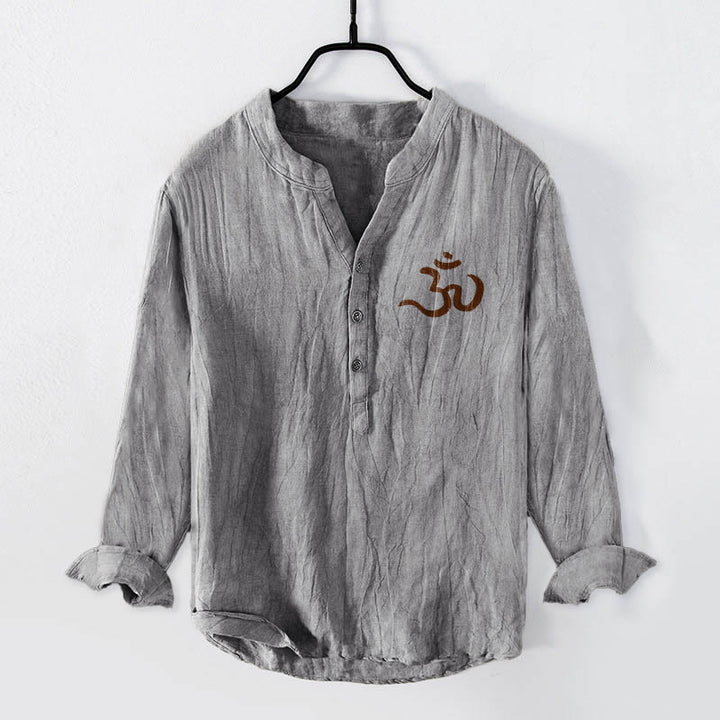 Camisa de manga larga de algodón y lino para hombre con diseño de mandala simétrico y símbolo Om de Buddha Stones, con botones y medio cuerpo. - image 4