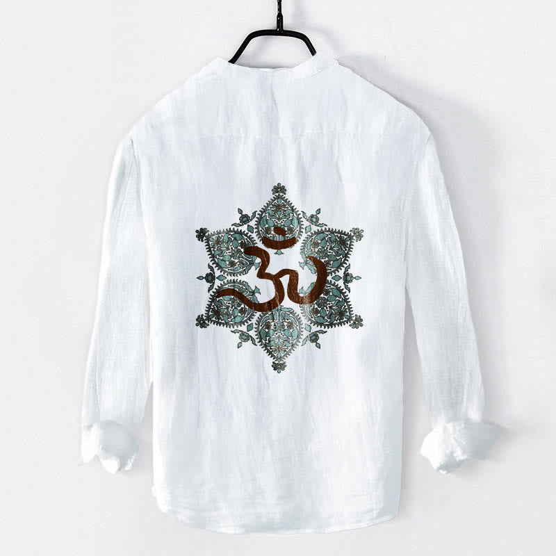 Camisa de manga larga de algodón y lino para hombre con diseño de mandala simétrico y símbolo Om de Buddha Stones, con botones y medio cuerpo. - image 8