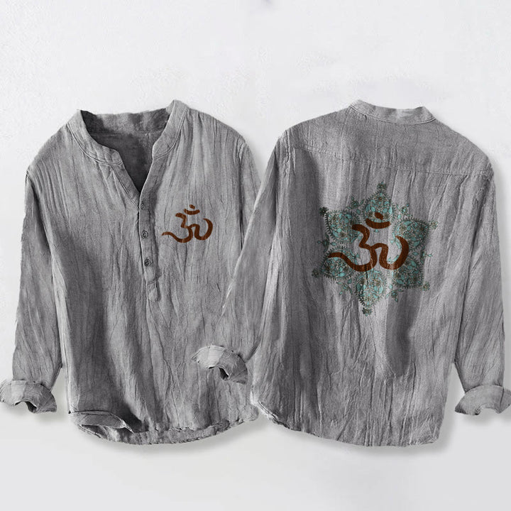 Camisa de manga larga de algodón y lino para hombre con diseño de mandala simétrico y símbolo Om de Buddha Stones, con botones y medio cuerpo. - Gris - US/UK/AU50, UE60 (5XL) - image 3