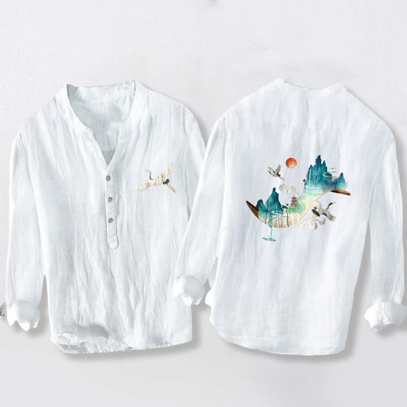 Camisa de manga larga de lino y algodón para hombre con estampado de Buddha Stones, montañas, grullas y nubes, con botones. - Blanco - US/UK/AU50, UE60 (5XL) - image 6