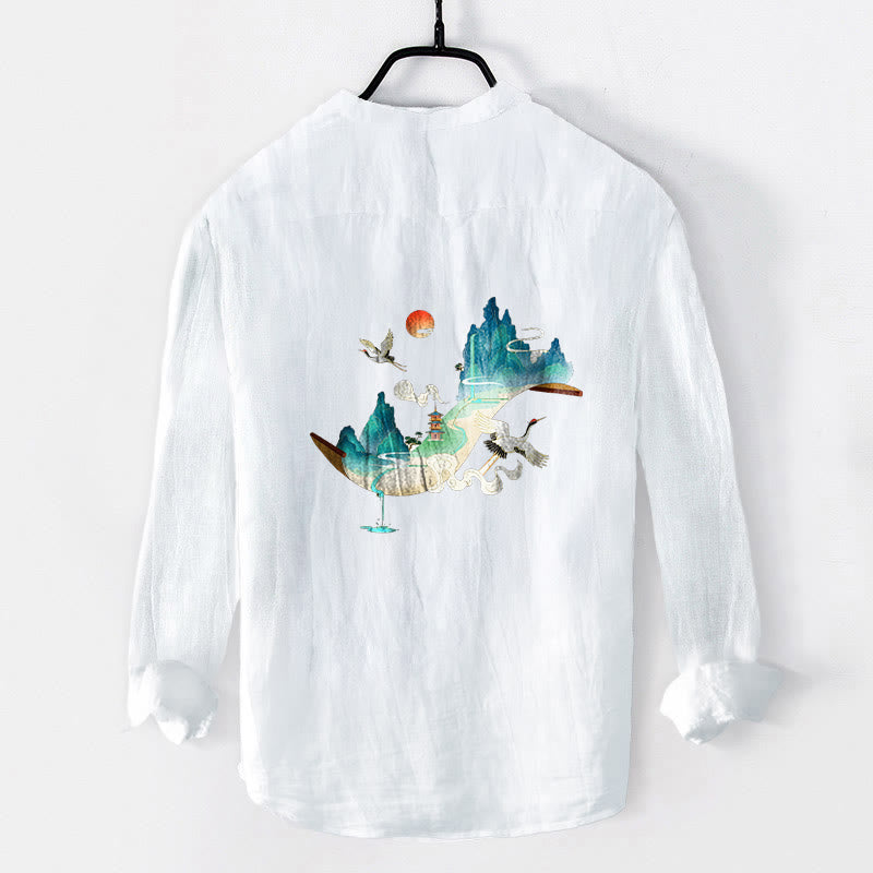 Camisa de manga larga de lino y algodón para hombre con estampado de Buddha Stones, montañas, grullas y nubes, con botones. - image 8