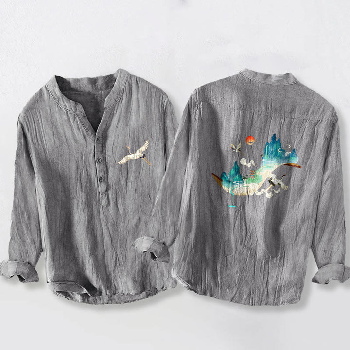 Camisa de manga larga de lino y algodón para hombre con estampado de Buddha Stones, montañas, grullas y nubes, con botones. - Gris - US/UK/AU50, UE60 (5XL) - image 0