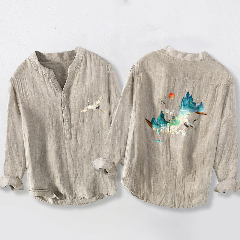 Camisa de manga larga de lino y algodón para hombre con estampado de Buddha Stones, montañas, grullas y nubes, con botones. - Lino - US/UK/AU50, UE60 (5XL) - image 3