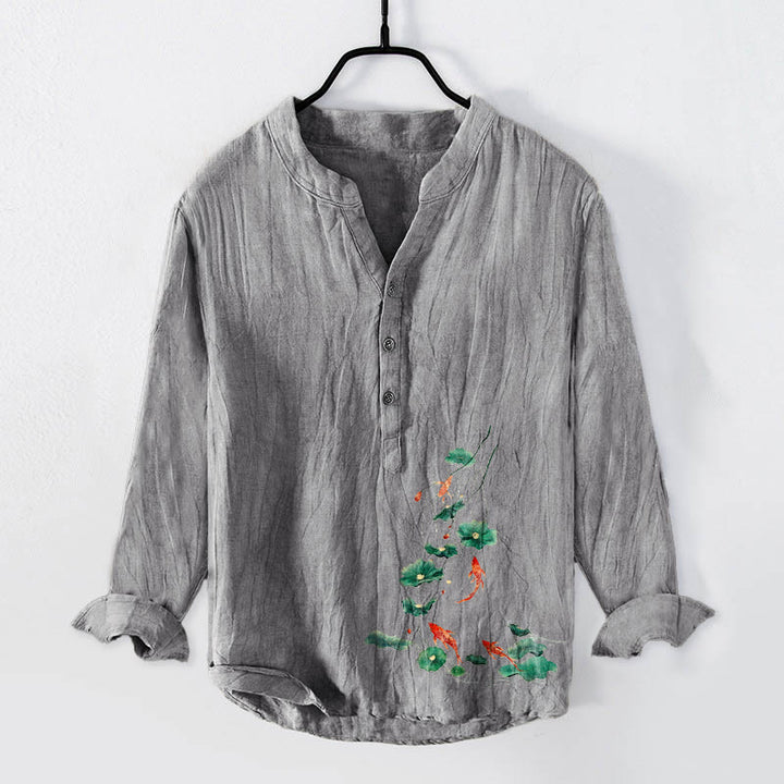 Camisa de manga larga para hombre de algodón y lino con estampado de hojas de loto, Buddha Stones, con botones y medio cuello. - Gris - US/UK/AU50, UE60 (5XL) - image 6