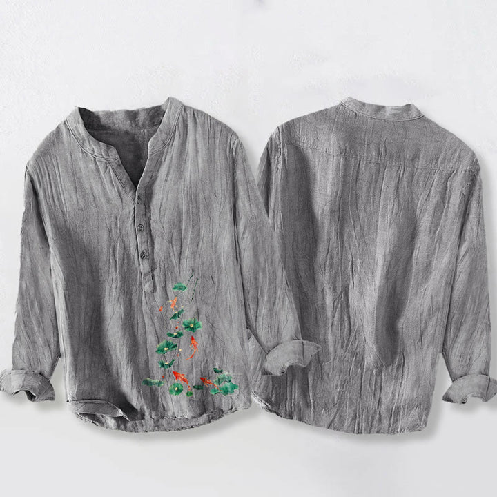 Camisa de manga larga para hombre de algodón y lino con estampado de hojas de loto, Buddha Stones, con botones y medio cuello. - image 8