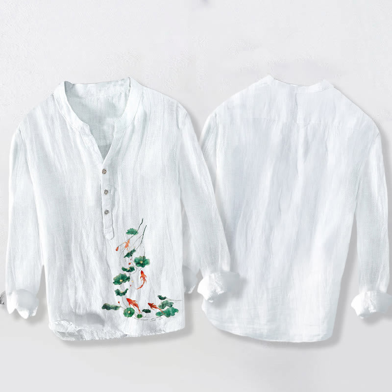 Camisa de manga larga para hombre de algodón y lino con estampado de hojas de loto, Buddha Stones, con botones y medio cuello. - image 2