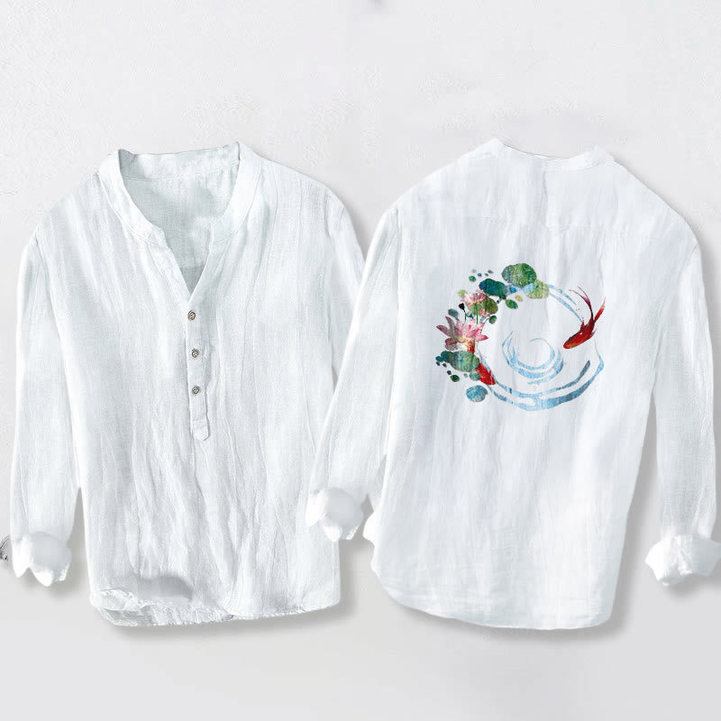 Camisa de lino y algodón para hombre, manga larga, botones, diseño de Buddha Stones koi, flores de loto y hojas - image 8
