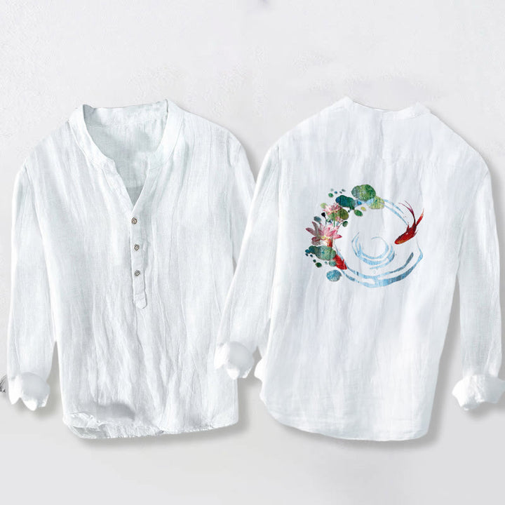 Camisa de lino y algodón para hombre, manga larga, botones, diseño de Buddha Stones koi, flores de loto y hojas - image 8