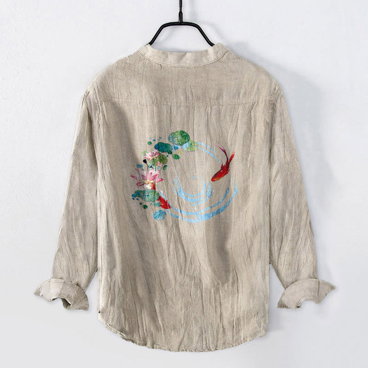 Camisa de lino y algodón para hombre, manga larga, botones, diseño de Buddha Stones koi, flores de loto y hojas - Lino - US/UK/AU50, UE60 (5XL) - image 3