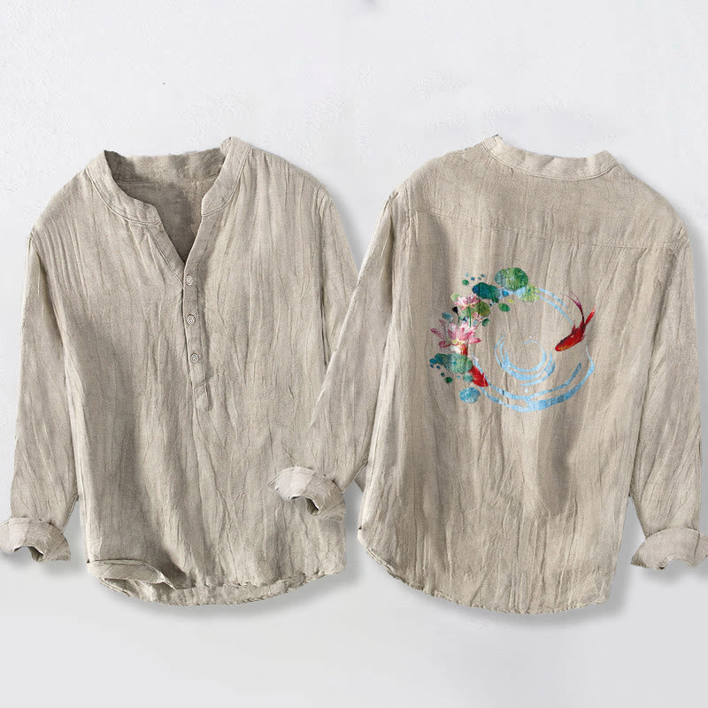 Camisa de lino y algodón para hombre, manga larga, botones, diseño de Buddha Stones koi, flores de loto y hojas - image 5