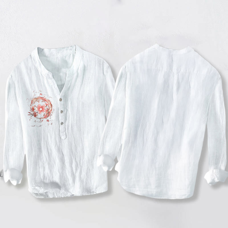 Camisa de lino y algodón para hombre, manga larga, botones y estampado de flores de cerezo y dragón rosa con Buddha Stones - image 8