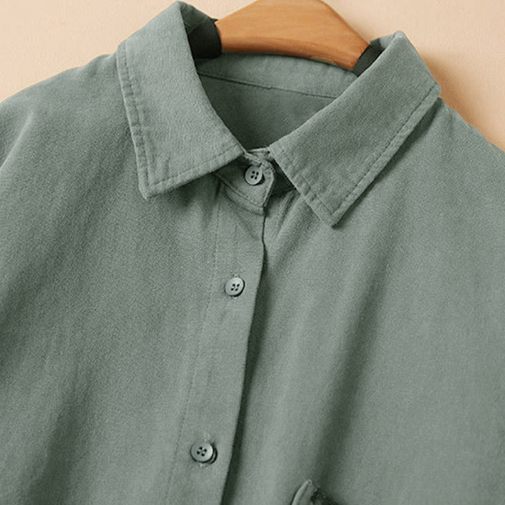 Camisa de algodón de manga larga con cuello alto y botones informales para mujer con diseño de Buddha Stones - image 4