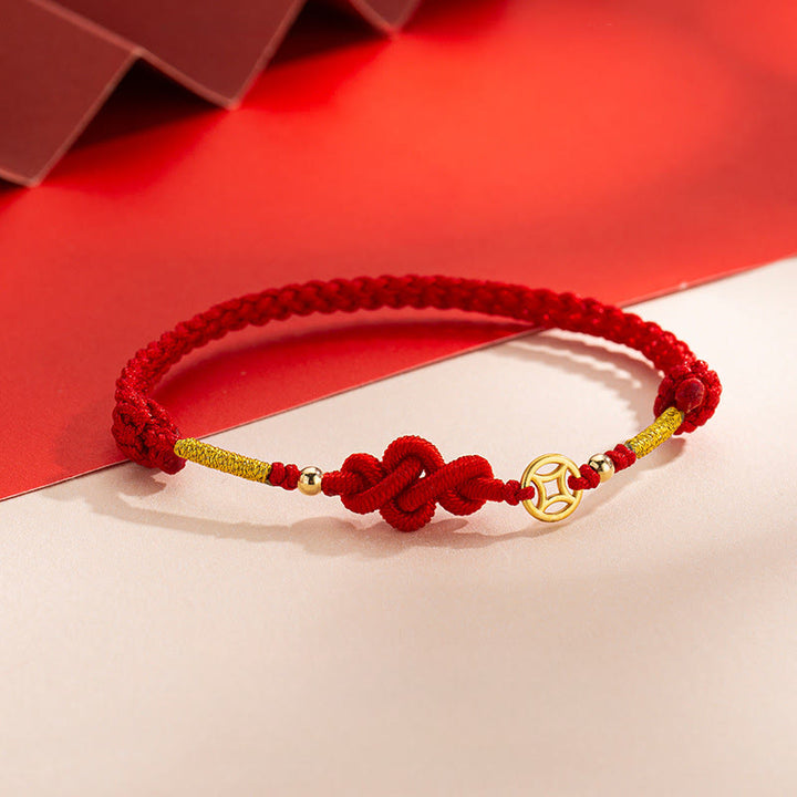 Pulsera trenzada de protección con monedas de cobre y nudo Ruyi de Buddha Stones - Hilo rojo (circunferencia de la muñeca: 15-19 cm) - image 0