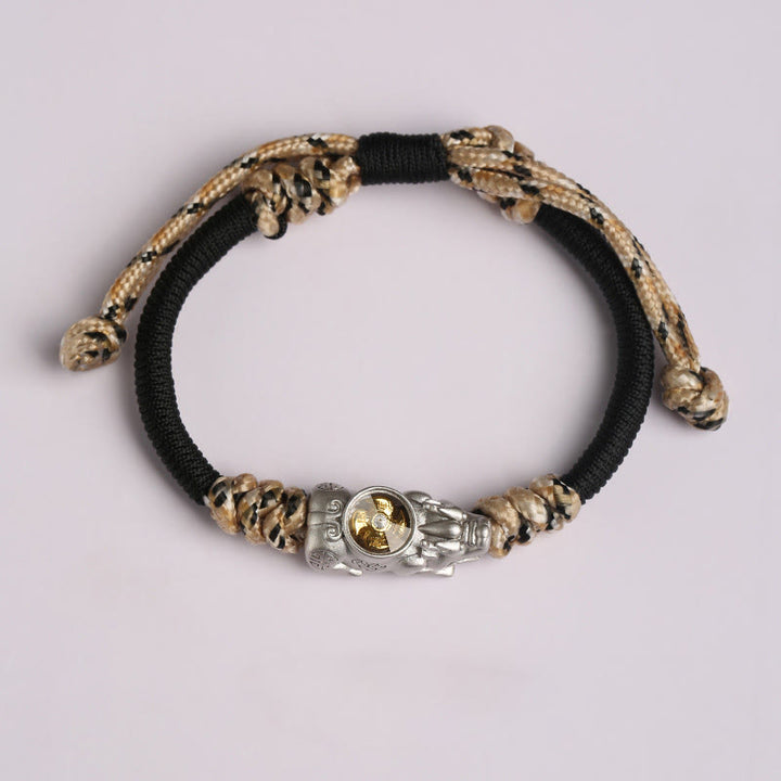 Pulsera de cuerda tejida a mano con Buddha Stones Pi Xiu para la riqueza y la suerte - Cuerda negra y beige (circunferencia de la muñeca: 14-24 cm) - image 1