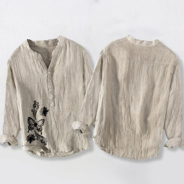 Camisa de lino y algodón para hombre, manga larga, botones y estampado de loto, mariposa y Buddha Stones - image 2
