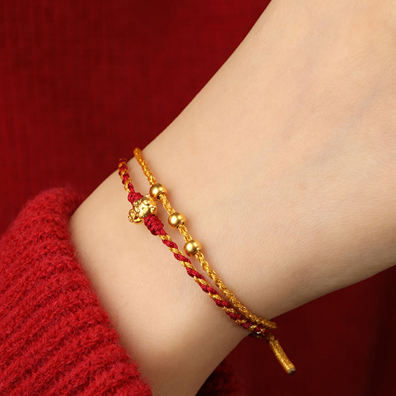 Pulsera de la suerte con hilo rojo dorado de doble vuelta con cuentas de oro 999 del Año del Caballo y Buddha Stones - image 18
