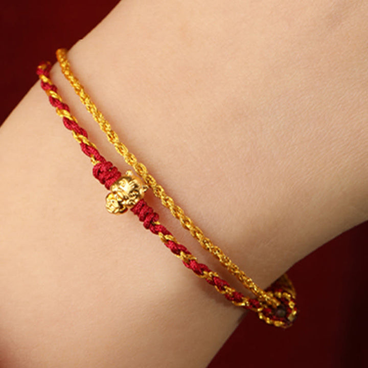 Pulsera de la suerte con hilo rojo dorado de doble vuelta con cuentas de oro 999 del Año del Caballo y Buddha Stones - image 3