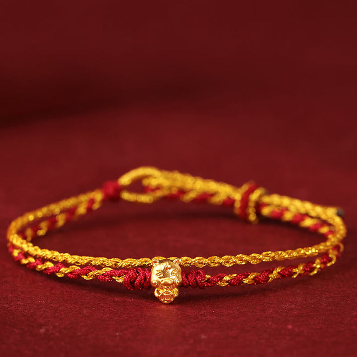 Pulsera de la suerte con hilo rojo dorado de doble vuelta con cuentas de oro 999 del Año del Caballo y Buddha Stones - Caballo de oro 999 - image 0