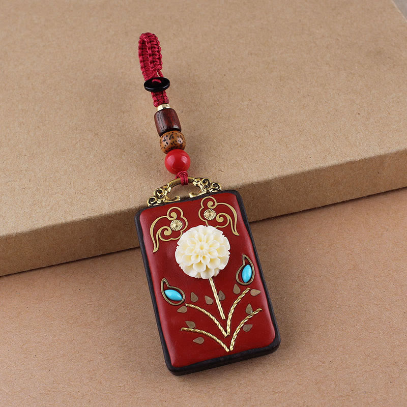 Buddha Stones Llavero con botón de flor de ébano, pez koi y carácter chino de la suerte con cuerda - Cuerda de botón rojo - Hortensia - image 18