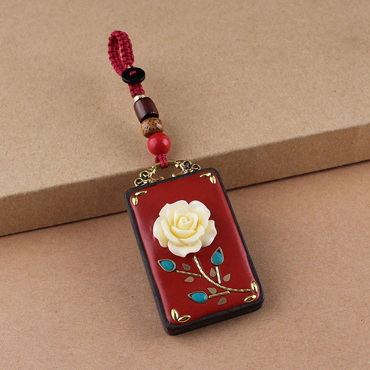 Buddha Stones Llavero con botón de flor de ébano, pez koi y carácter chino de la suerte con cuerda - Cuerda de botón rojo - Rosa - image 14