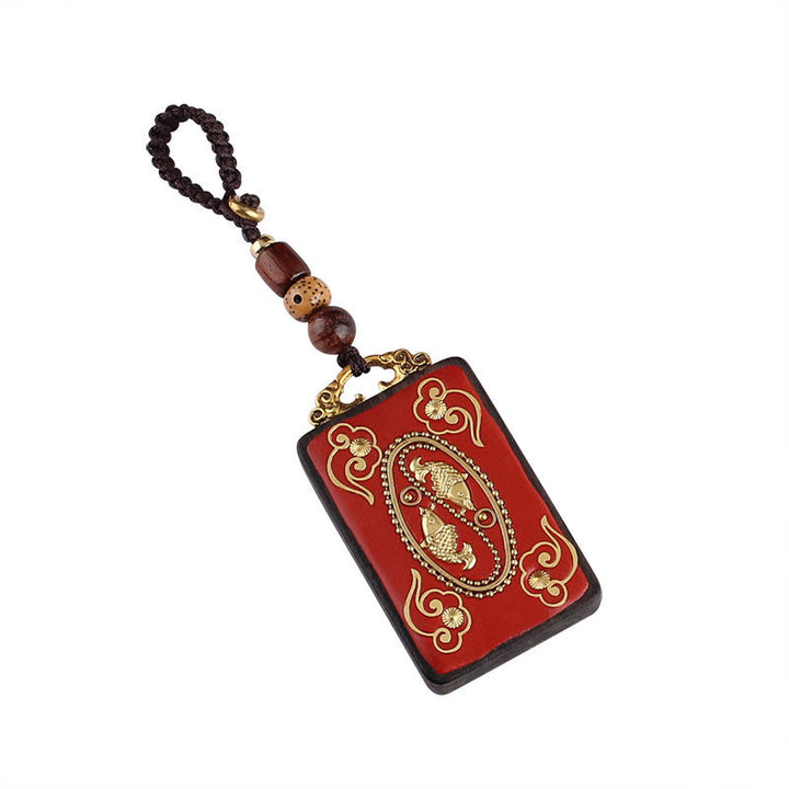 Buddha Stones Llavero con botón de flor de ébano, pez koi y carácter chino de la suerte con cuerda - image 3