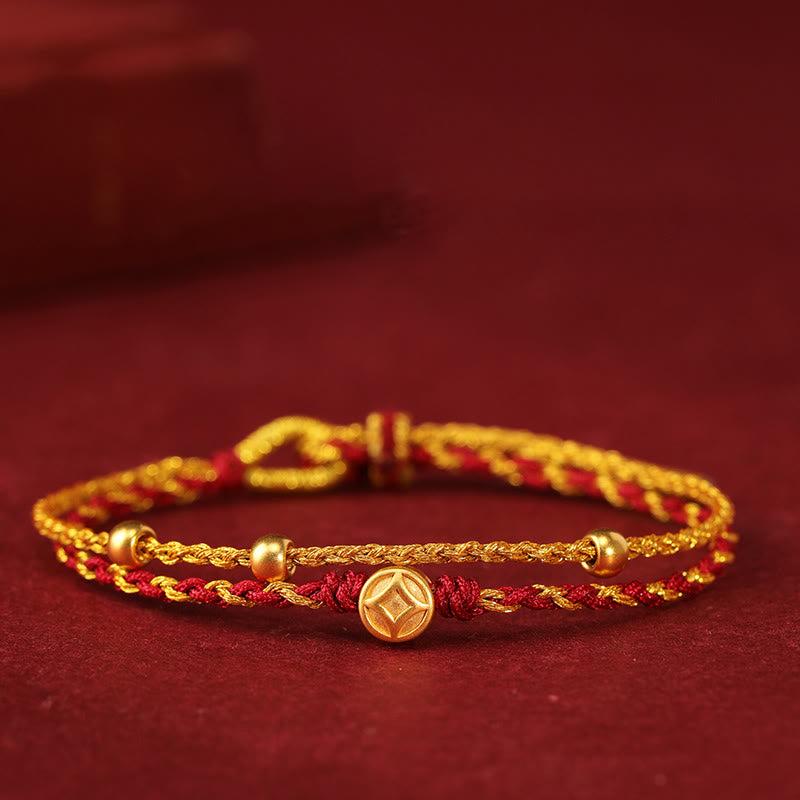 Pulsera trenzada con Buddha Stones de oro 999 y monedas de cobre de doble vuelta con hilo rojo dorado. - Moneda de cobre y oro 999 y tres cuentas - image 5