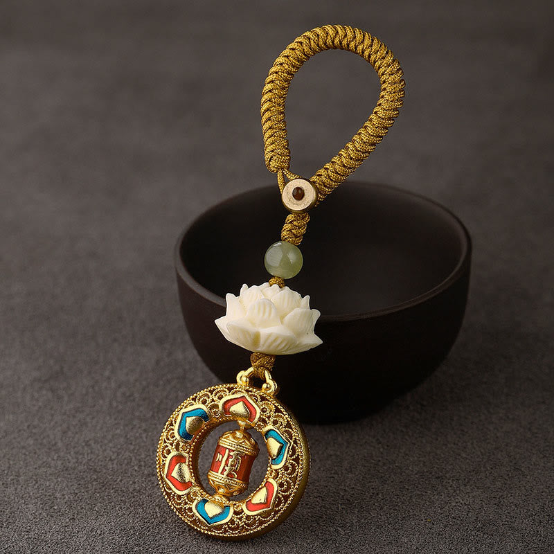 Llavero giratorio de cobre con cuentas de jade hetiano y semillas de Bodhi de Buddha Stones - Rueda de oración - Cuerda de botón amarilla - image 13
