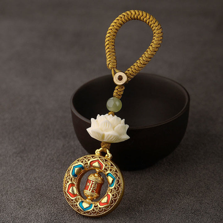 Llavero giratorio de cobre con cuentas de jade hetiano y semillas de Bodhi de Buddha Stones - Rueda de oración - Cuerda de botón amarilla - image 13