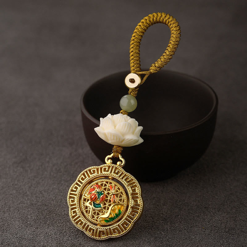 Llavero giratorio de cobre con cuentas de jade hetiano y semillas de Bodhi de Buddha Stones - Libélula Hoja de Loto - Cuerda de botón amarilla - image 0