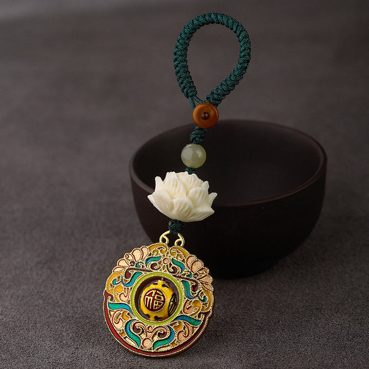 Llavero giratorio de cobre con cuentas de jade hetiano y semillas de Bodhi de Buddha Stones - Nube auspiciosa del personaje Fu - Cuerda de botón verde - image 11