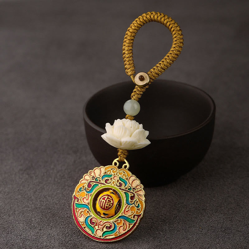 Llavero giratorio de cobre con cuentas de jade hetiano y semillas de Bodhi de Buddha Stones - Nube auspiciosa del personaje Fu - Cuerda de botón amarilla - image 10