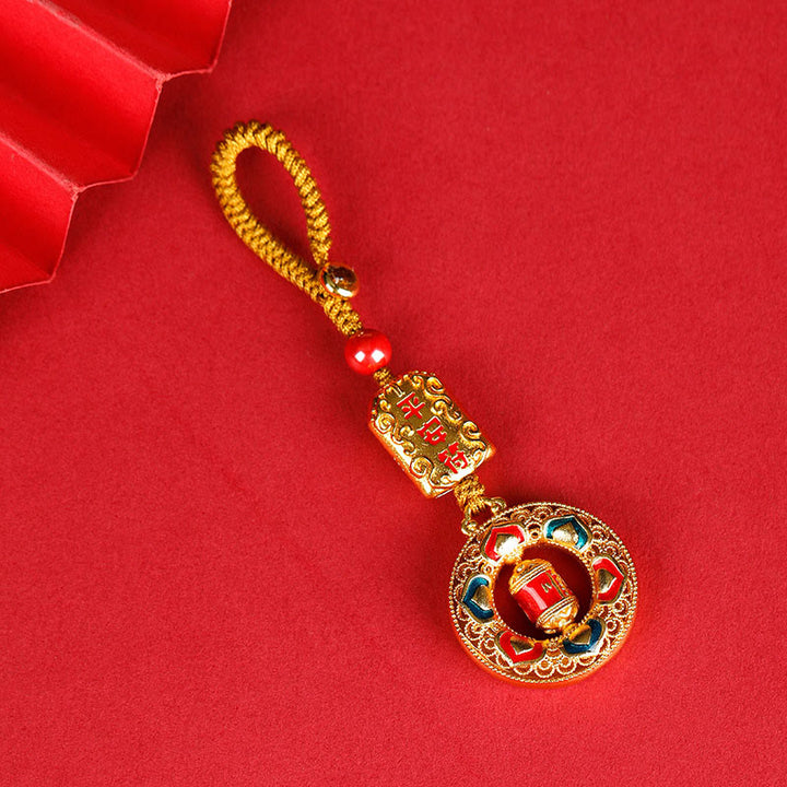 Rueda de oración de cobre con Buddha Stones, cinco direcciones, dioses de la riqueza, equilibrio, llavero giratorio - Talismán de la paz - Cuerda de botón - image 6