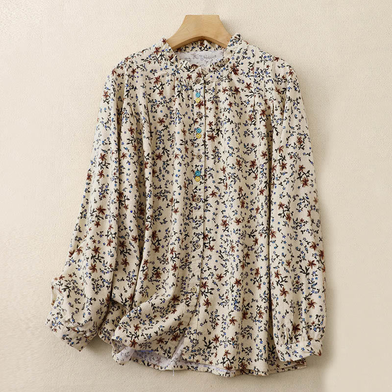 Camisa de algodón de manga larga para mujer con estampado floral otoñal de Buddha Stones y botones - Barba de maíz - US12, UK/AU16, EU44 (2XL) - image 7