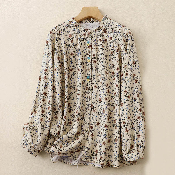 Camisa de algodón de manga larga para mujer con estampado floral otoñal de Buddha Stones y botones - Barba de maíz - US12, UK/AU16, EU44 (2XL) - image 7