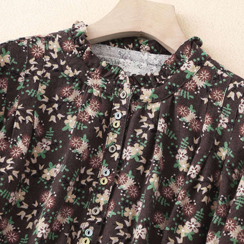 Camisa de algodón de manga larga para mujer con estampado floral otoñal de Buddha Stones y botones - image 24