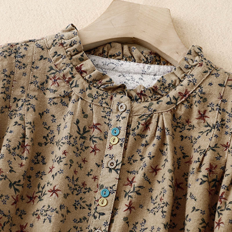 Camisa de algodón de manga larga para mujer con estampado floral otoñal de Buddha Stones y botones - image 18