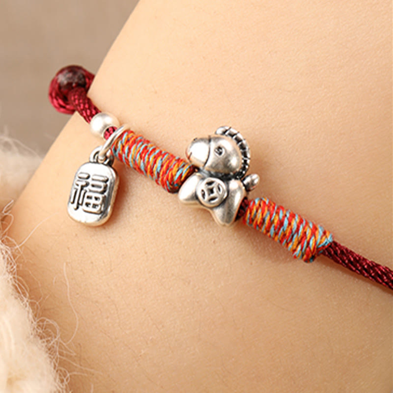 Pulsera trenzada con Buddha Stones en plata de ley 999 con el personaje Fu del Año del Caballo. - image 13