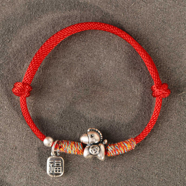 Pulsera trenzada con Buddha Stones en plata de ley 999 con el personaje Fu del Año del Caballo. - Cuerda roja (circunferencia de la muñeca: 14-18 cm) - image 19