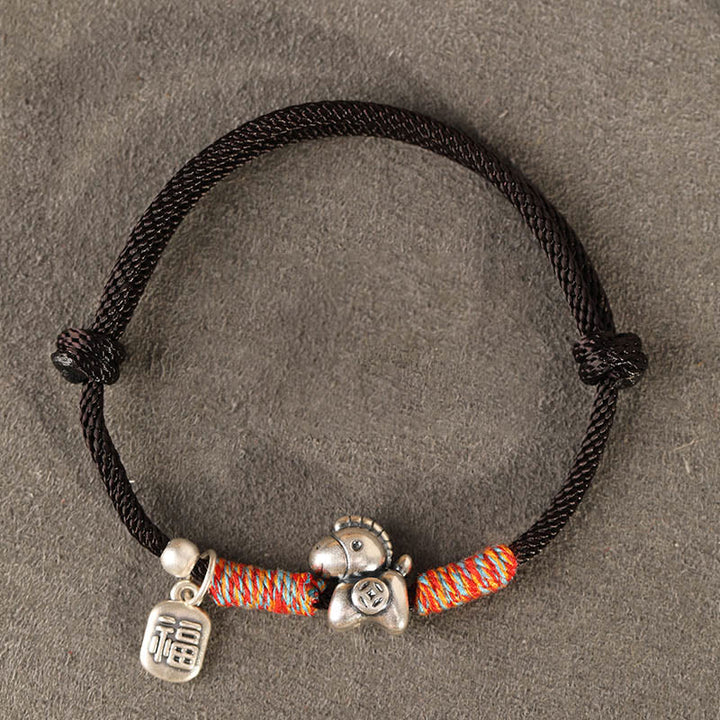Pulsera trenzada con Buddha Stones en plata de ley 999 con el personaje Fu del Año del Caballo. - Cuerda azul (circunferencia de la muñeca: 14-18 cm) - image 18