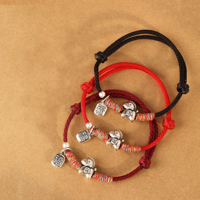 Pulsera trenzada con Buddha Stones en plata de ley 999 con el personaje Fu del Año del Caballo. - image 21