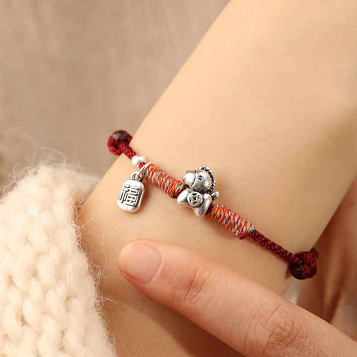 Pulsera trenzada con Buddha Stones en plata de ley 999 con el personaje Fu del Año del Caballo. - image 8