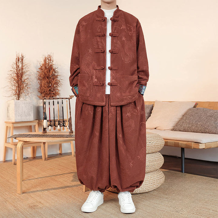 Conjunto de 2 piezas de traje Tang para hombre, de algodón, con botones de rana y dragón, de Buddha Stones , para otoño e invierno, con chaqueta y pantalones de manga larga. - Chocolate - US/UK/AU46, EU56 (5XL) - image 10