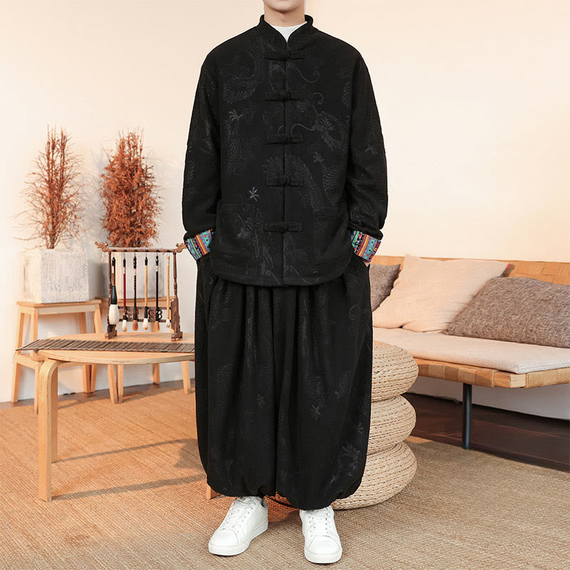 Conjunto de 2 piezas de traje Tang para hombre, de algodón, con botones de rana y dragón, de Buddha Stones , para otoño e invierno, con chaqueta y pantalones de manga larga. - image 1
