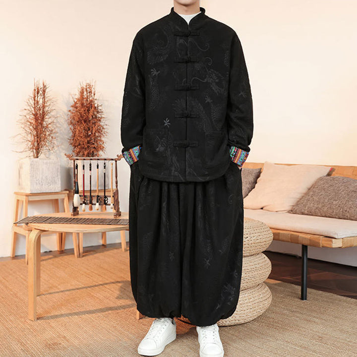 Conjunto de 2 piezas de traje Tang para hombre, de algodón, con botones de rana y dragón, de Buddha Stones , para otoño e invierno, con chaqueta y pantalones de manga larga. - image 2